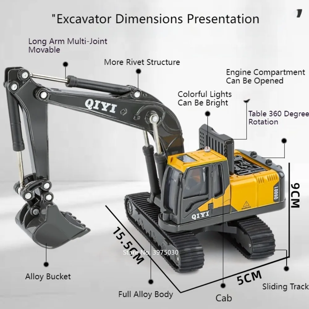 1/60 Eexcavator Toy Car Model Alloy Diecast Joint Mobility Sound Light Doors Opened Simulation Digger Vehicle Toys Birthday Gift