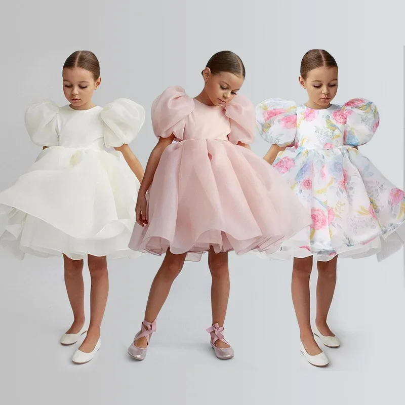 Fashion Girl Princess Vintage Dress Tulle Child Vestido Puff Sleeve Pink Wedding Party Birthday Tutu Dress Child Clothes 1-10Y