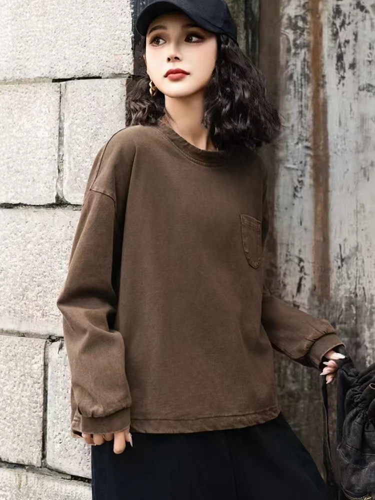 Amax luluE 2025 ربيع خمر تصميم موضة المرأة فضفاضة عادية س الرقبة تي شيرت السيدات الكلاسيكية Harajuku بلايز ملابس قطنية #2