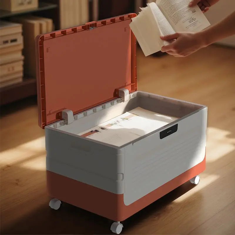 Foldable Storage Box With Wheels, Beige & White Plastic Stackable Storage Bin With Lock, Large Capacity Collapsible Storage