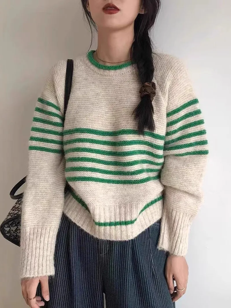 Loose Fit round Neck Knit Sweater Women's Vintage Style Color Block Stripe Pattern Base Layer Casual Long Sleeve Top