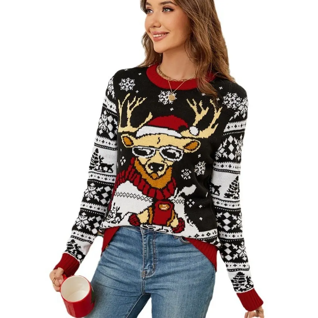 

Женский рождественский жаккардовый вязаный свитер с лосем, топ, пуловер, осень-зима, новый модный экспорт