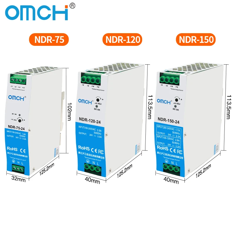OMCH NDR Series 75/120/150/240/480W AC to DC Din-rail Switching Power Supply 100-240 or 200-240VAC Input 12V/24V/36V/48V Output