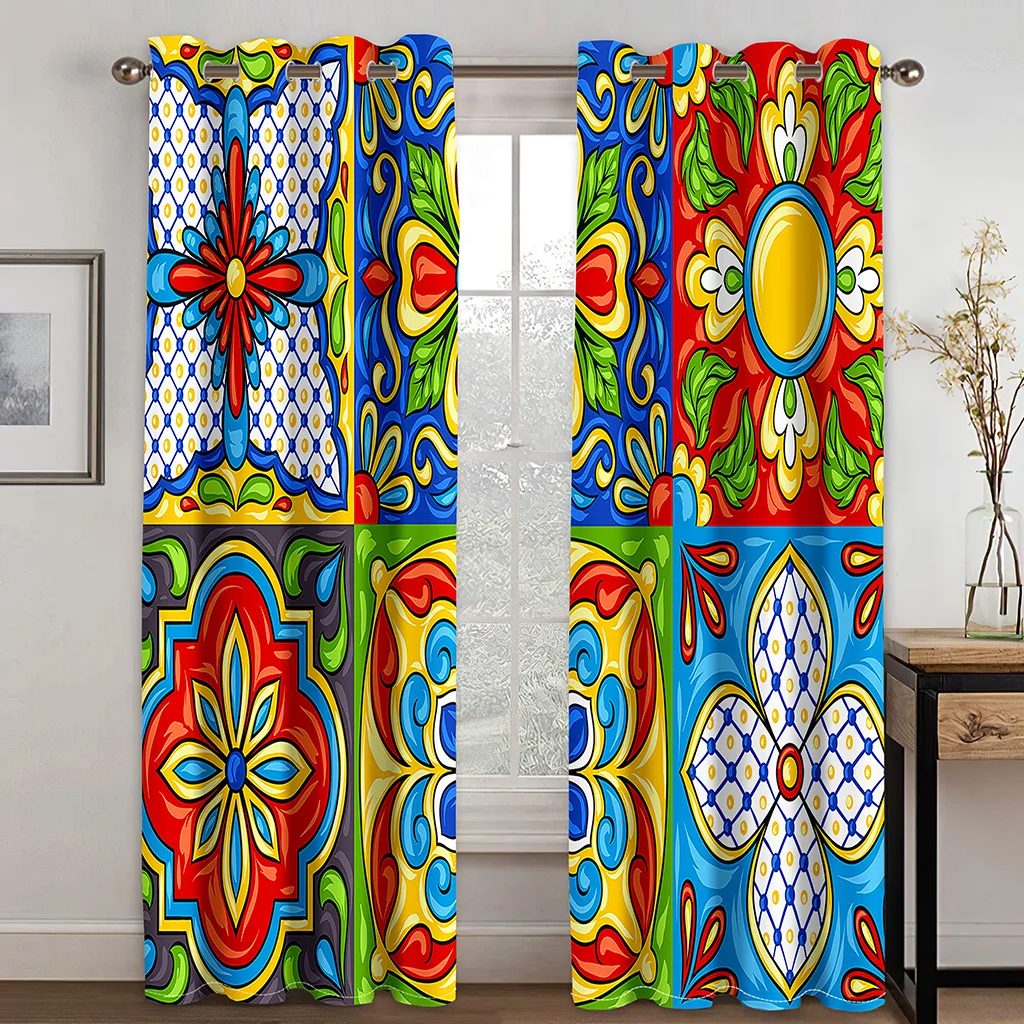 Colorful Glaze Boho Floral Window Curtains for Bedroom, Panel Draperies, Vintage Flower Pattern, 3D Drapes