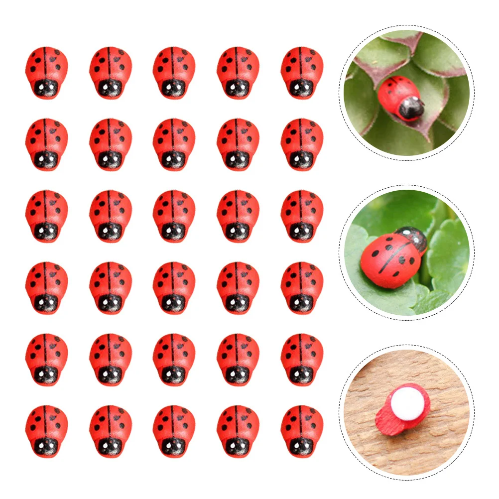 

100pcs Miniature Ladybug Decor Wooden Garden Ornament Simulation Insect For Home Lawn Yard Landscape Accessories