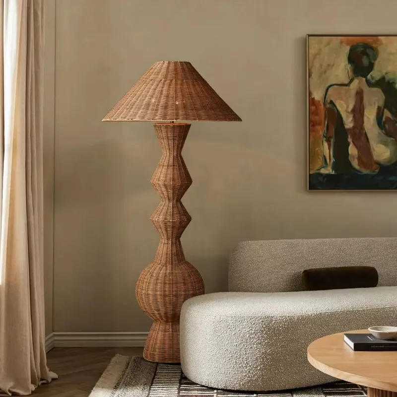 Japanese Zen style natural rattan woven floor lamp with conical lamp shade, suitable for hotel and guesthouse villa lobbies
