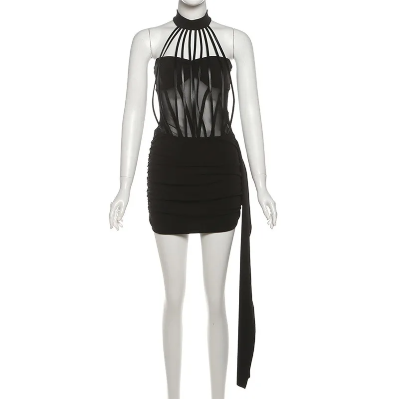 Sheer Mesh Patchwork Straps Halter Backless Ruched Bodycon Mini Dress Women Sexy Strapless Side Ribbon Slim Party Clubwear