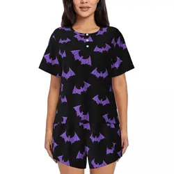 Women's Cute Spooky Halloween Bats Black And Purple Pajamas Set Custom Printed 2 Piece Pj Sets Short Sleeve Sleepwear Loungewear