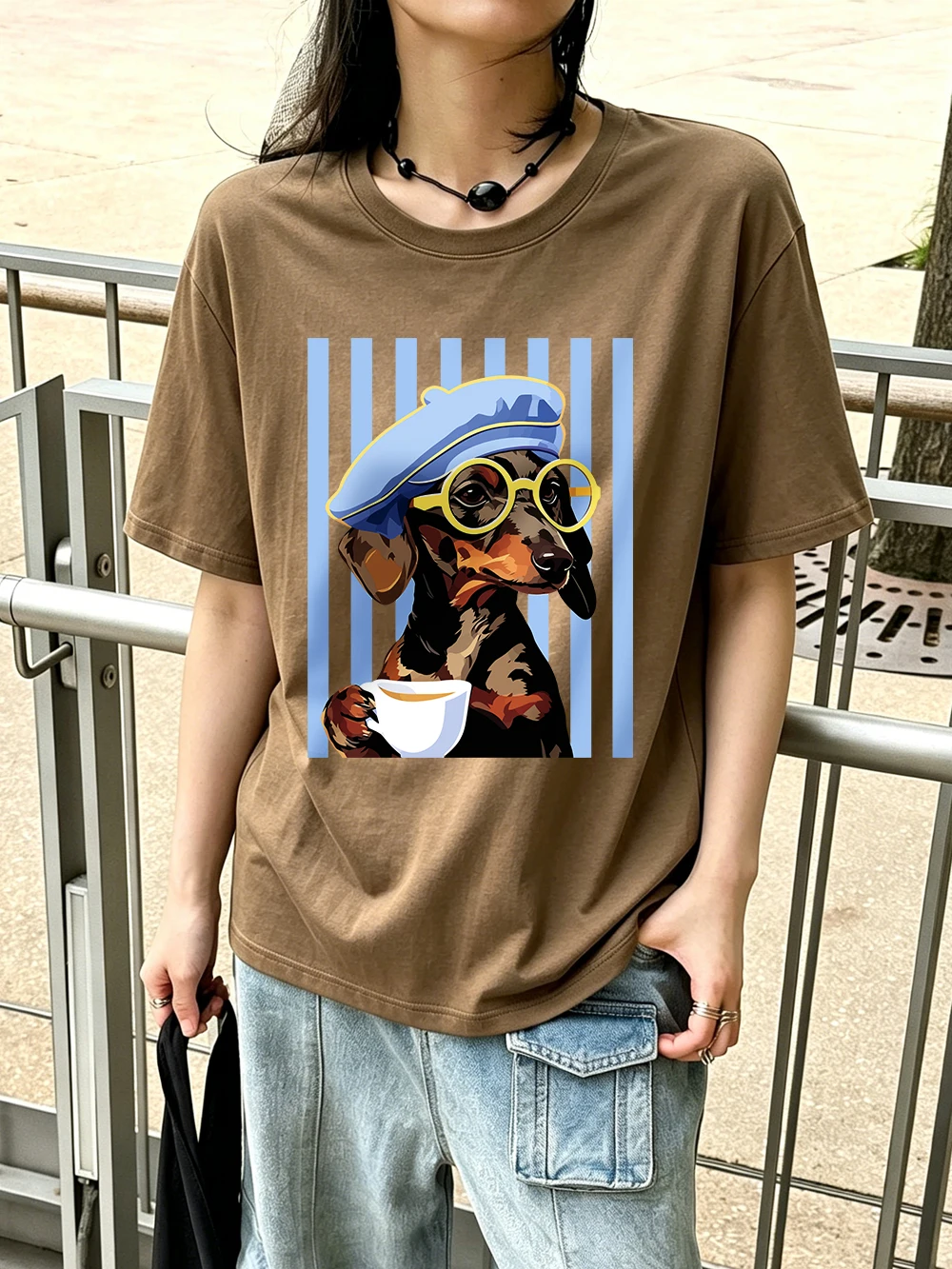 Dackel-Illustrationsdrucke T-Shirts Baumwolle Damen Sommer Oversize-Tops Weiches O-Ausschnitt Kurzarm-T-Shirt Basic Damenbekleidung – Detail 30
