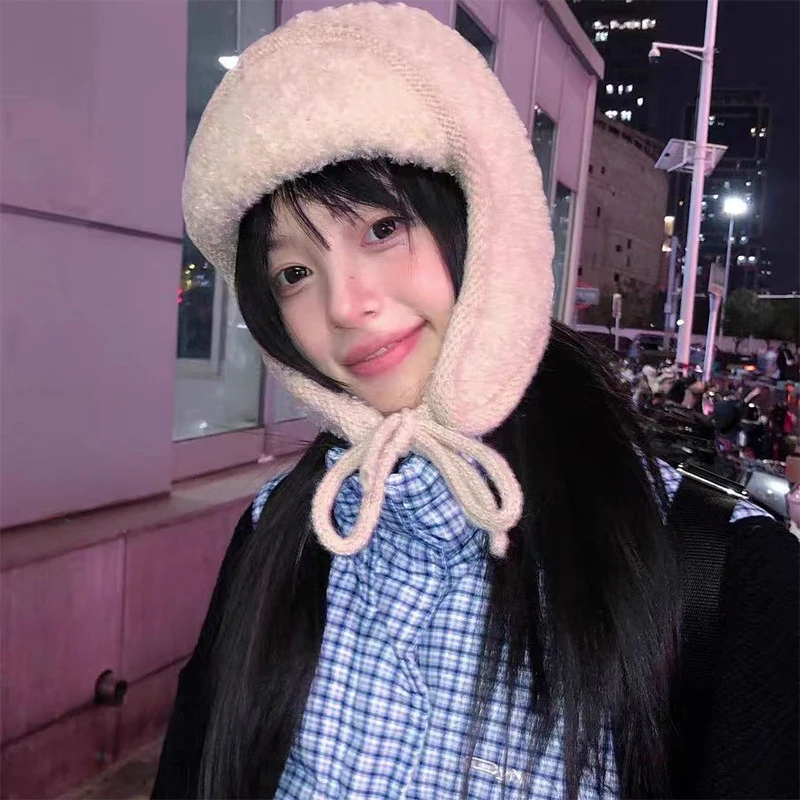 قبعات نسائية من الصوف الدافئ للخريف والشتاء، قبعات صوفية محبوكة مع حماية للأذن، مصنوعة لمقاسات الرأس الكبيرة