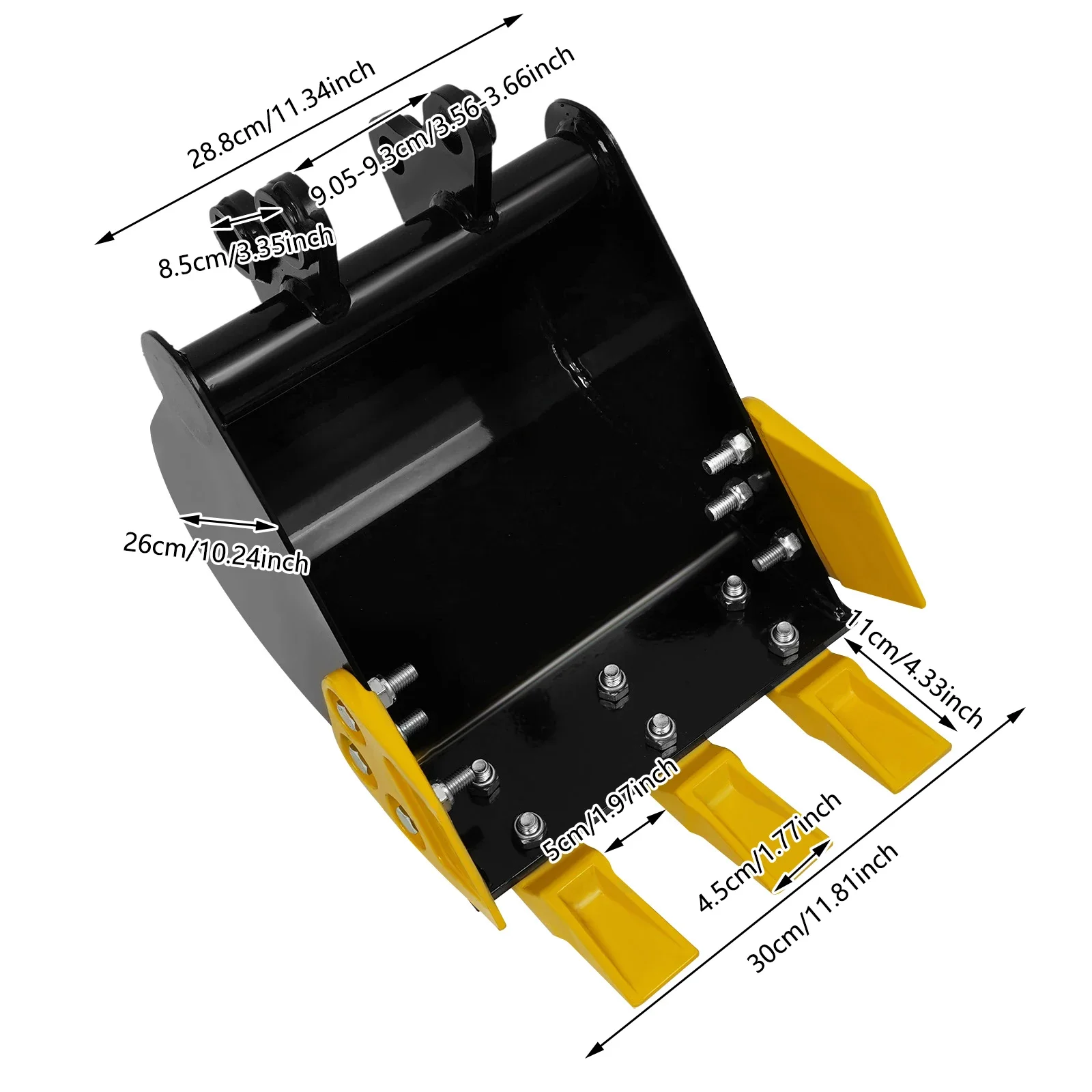 

300mm/11.81in Black& Yellow Mini Excavator Digging Bucket Attachments with Metal Teeth for Digging Ditches, Material Handling