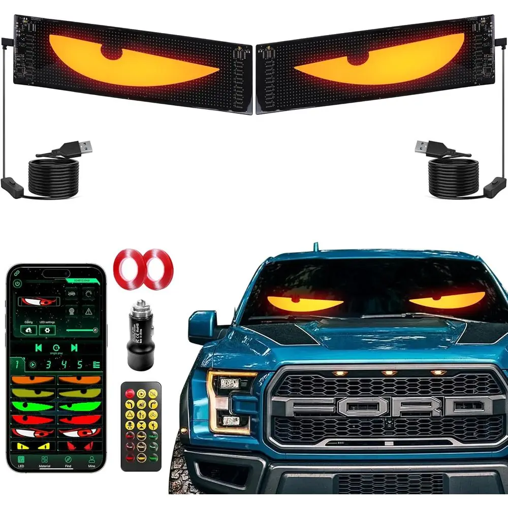 

Devil's Eye 2-Pack: 19.3"x4.3" Dual LED Eyes – Perect Sync Windshield Display or Cars, SUVs & Trucks | Progmable USB M, App/Remo