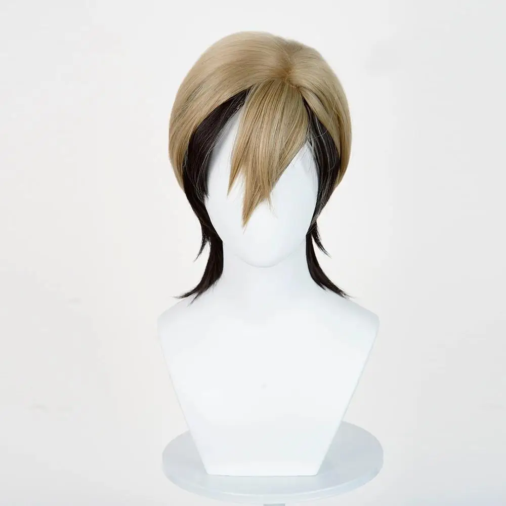 Anime GACHI AKUTA Zanka ‌   Perruque de Cosplay synthétique pour hommes adultes, cheveux courts noirs dorés, résistants à la chaleur, accessoire d'halloween