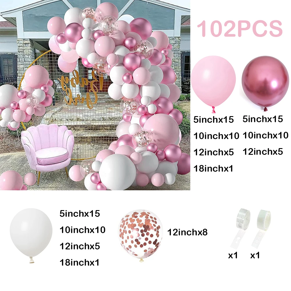 102Pcs Pastel Pink Balloons Garland Kit Metallic Red Confetti Ballon Arch Girl Baby Shower Wedding 1st Birthday Party Decoration