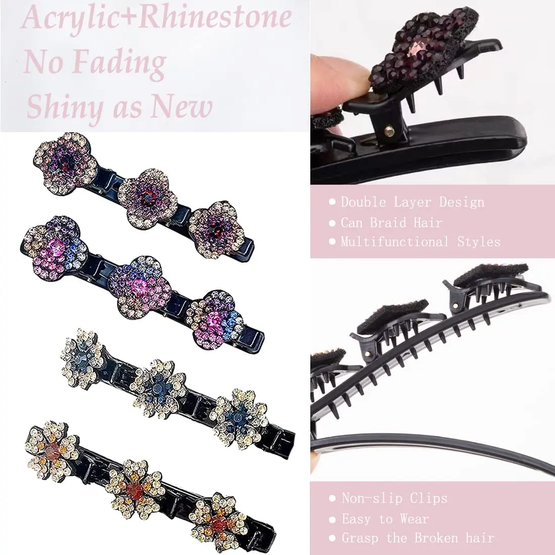 8pcs Sparkling Crystal Stone Braided Hair Clips for Thick Thin Hair, Girls / Women Hair Accessories for Styling Sectioning