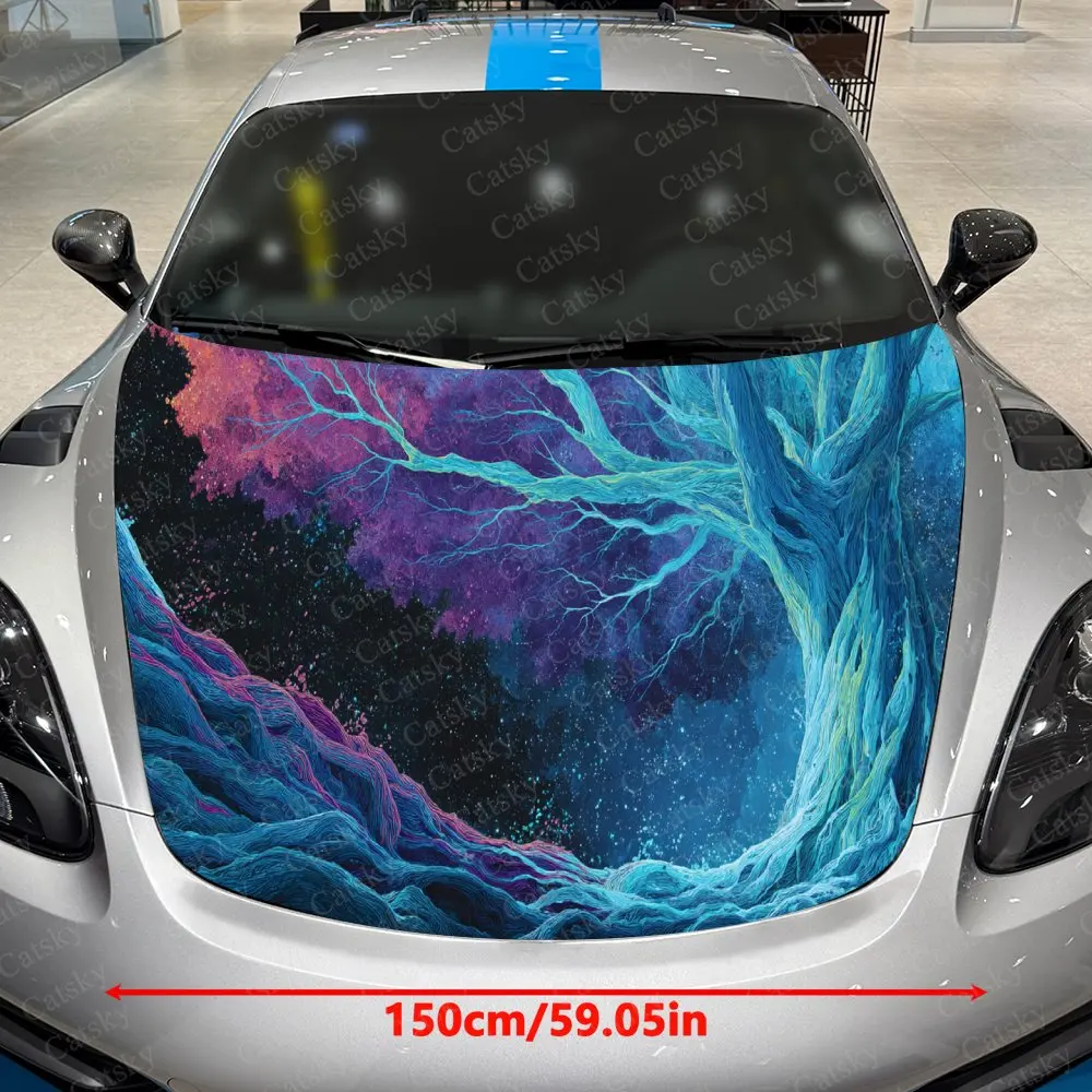 สติ๊กเกอร์ติดฝากระโปรงรถลายต้นไม้เนบิวลาที่น่าหลงใหล - มีกาวในตัว กันน้ำ และทนทาน หุ้มด้วยไวนิล ตกแต่งและปกป้องรถของคุณ -