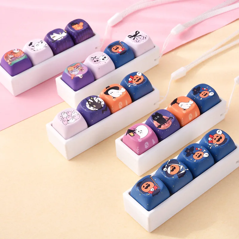 Cute Halloween Relaxation Button Keycap, KawaiHalloween 4-Key Keyboard Fidget Toy Friend Gift, Portable Fidget Keychain Fashion