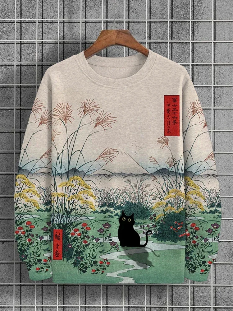 Fashion new men\'s long-sleeved tops round neck fashionable cat print casual spring and summer round neck sweater casual loose