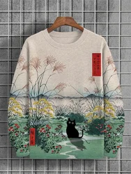 Fashion new men's long-sleeved tops round neck fashionable cat print casual spring and summer round neck sweater casual loose