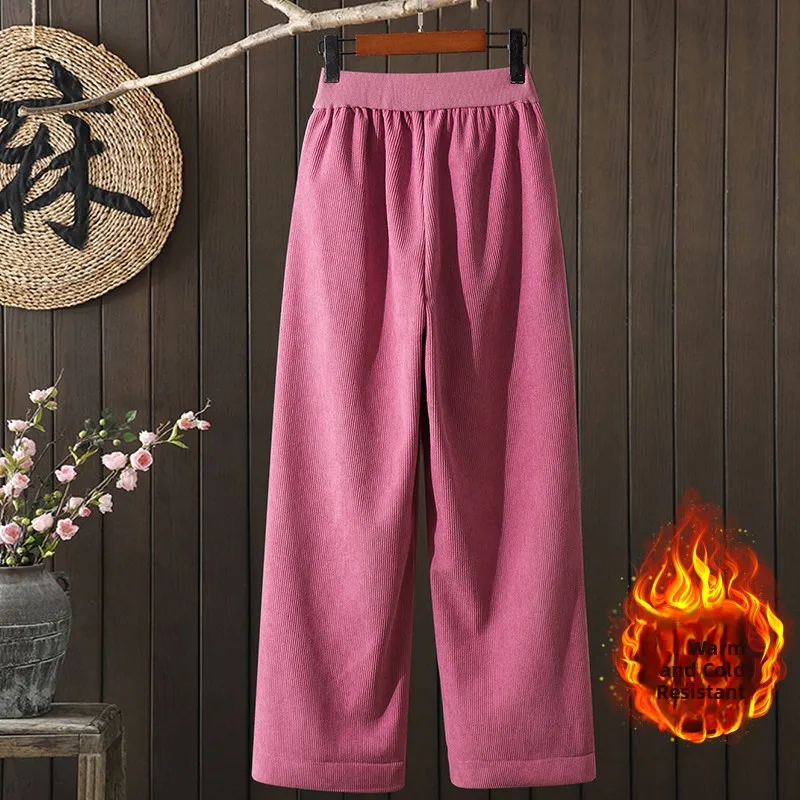 سروال قصير نسائي شتوي Thiened Fce عادية عالية الخصر مستقيم الساق بنطلون أحمر متعدد الاستخدامات Age-defng مرونة الخصر