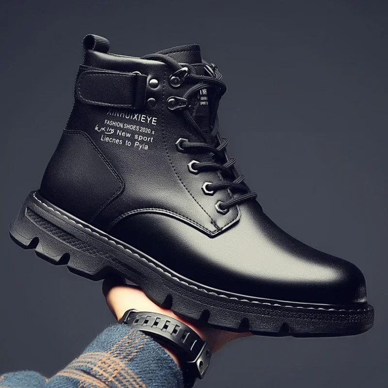 Botas de segurança de couro de cano alto para homens e mulheres, casual, preto, primavera, outono