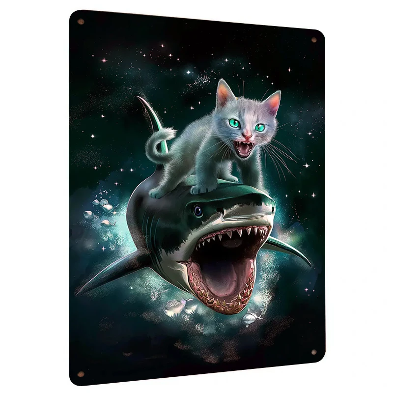 Space Shark with Roaring Cat Creative Metal Wall Art Decor for Living Room Bedroom