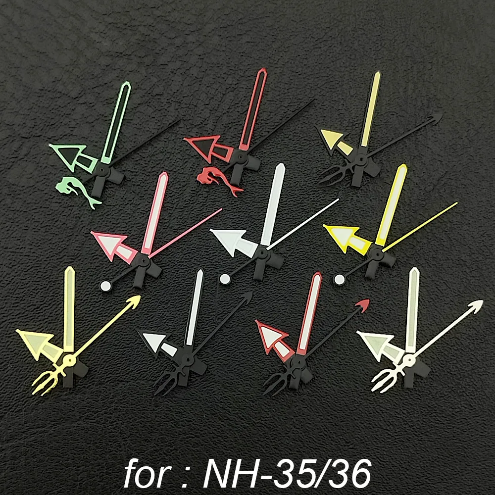 12.5mm Green Red Yellow Silver Gold Mermaid/Harpoon Watch Hands C3 Green Luminous For NH-35/36/4R/7S Movement Watches Pointers