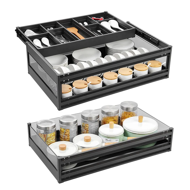 Pull basket Kitchen cabinet Three-layer drawer-type bowl rack Aluminum alloy middle-drawer dishbasket Built-in storage
