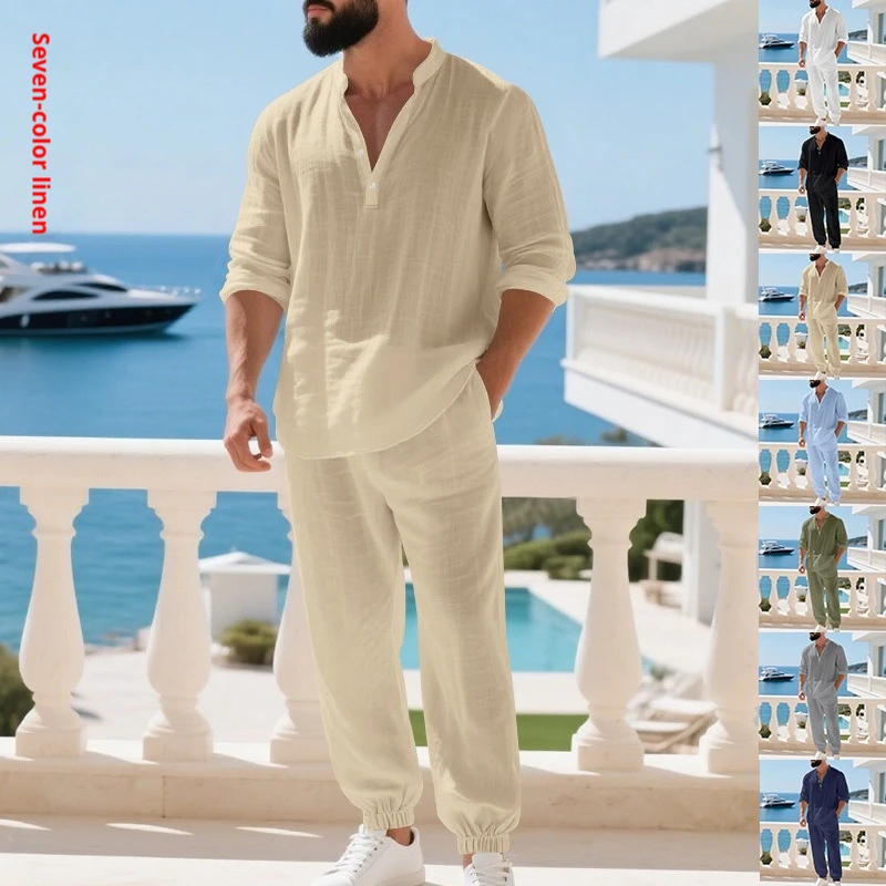 

Mens American Retro Linen Henley Set Long Sleeve Shirt Pants Autumn Thin Breathable Hawaiian Casual Vacation Two Piece Outfit