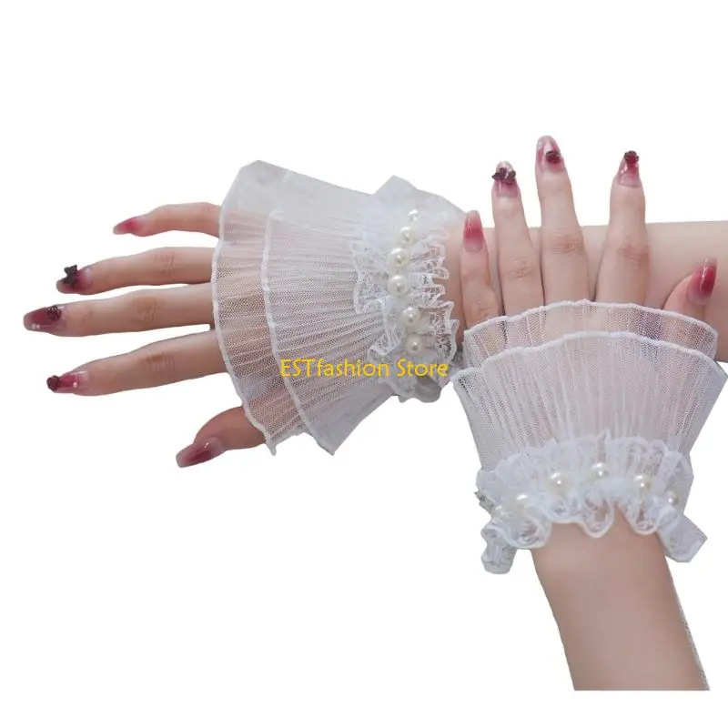 Y5GC Elegant Pearls Embroidered Lace Arm Sleeves Arm Cuffs For Nails Art Photography