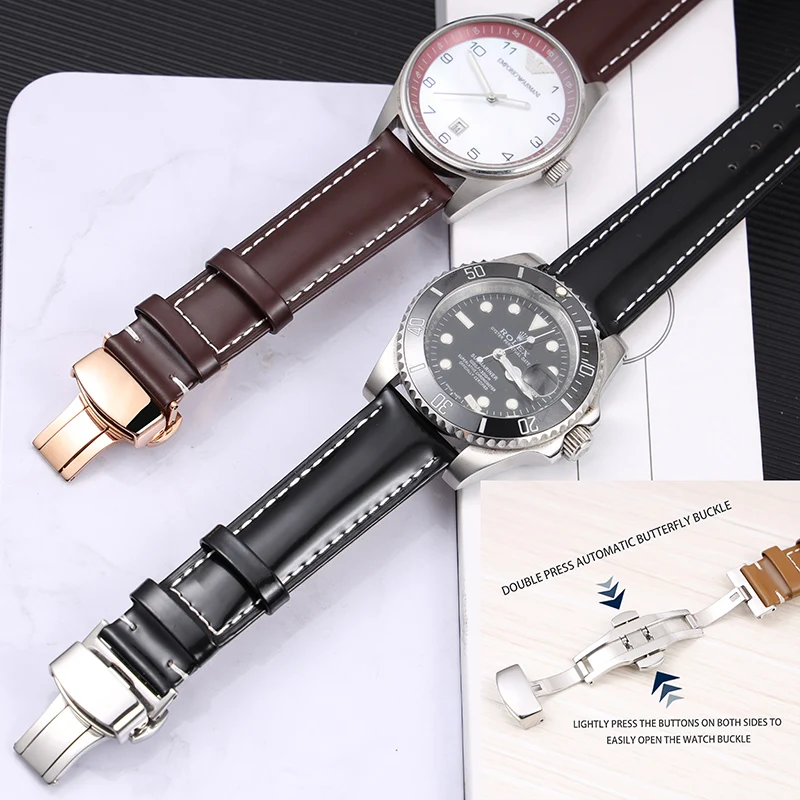 Handmade Patent Leather Genuine Leather Strap,18/20/22MM Head Layer Cowhide Men\'s Bracelet Vintage for Huawei GT/Rolex/fossil