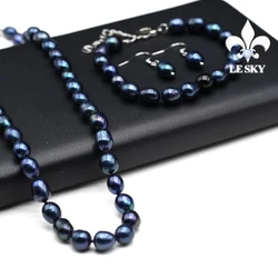 LE SKY Natural Freshwater Pearl Set Potato Shape Elasticity Pearl Bead Bracalet Necklace Earrings Wedding Party Accessories 8-9