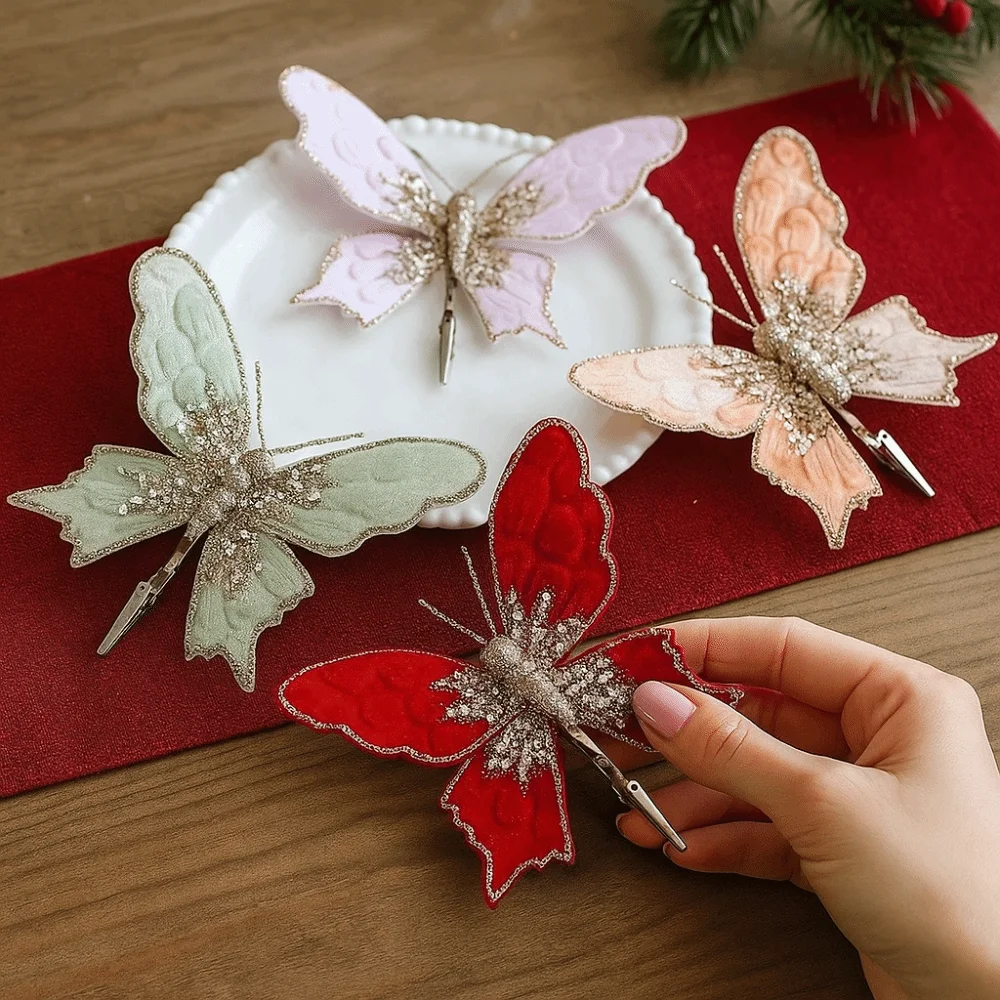 Plastic Glitter Butterfly Flocking Simulated Artificial Butterfly Clip Christmas Flower Sequins Exquisite Christmas Tree Decor