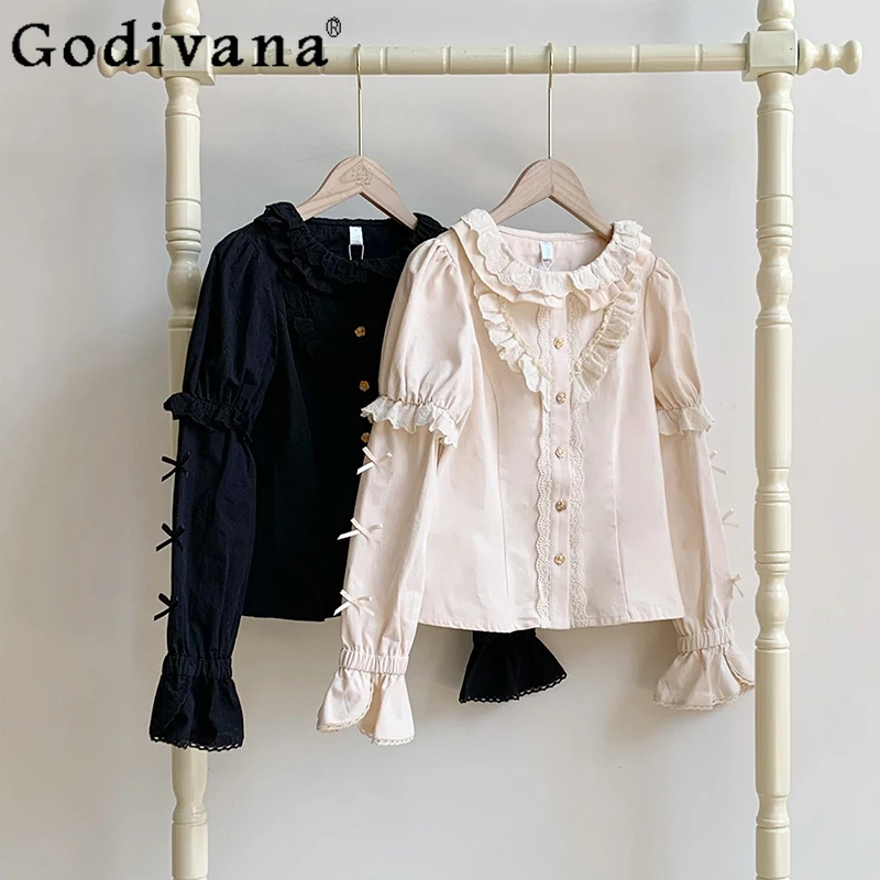 

Spring Autumn Vintage Lolita Crew Neck Long Puff Sleeve Bottoming Shirt Sweet Girls Ruffles Fashion Versatile Age Reduction Top