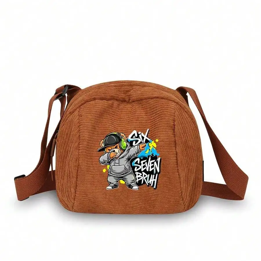 

Corduroy Crossbody Bag With Cartoon Bear And Six Seven Bruh Print For Adults