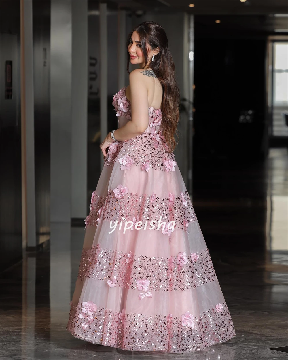 Customized Organza Flower Sequined Graduation A-line Strapless Bespoke Occasion Gown Long Dresses