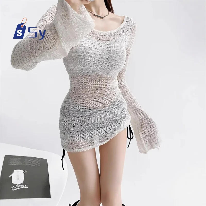 Sy Hollow Long Sleeved Knitted White Sweater Women's Hollow Drawstring Sunscreen Top Women's Pullover Women's Pullover