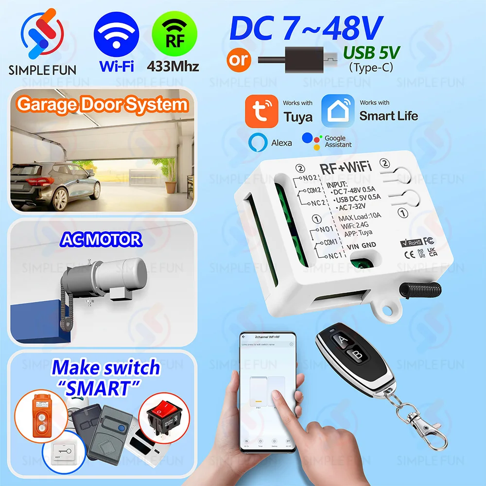 Tuya WiFi RF433mhz Motor Remote Control Switch 2 CH DC 12V 24V DIY Switch/Garage Door Opener/Motor,Work with Alexa Google Home