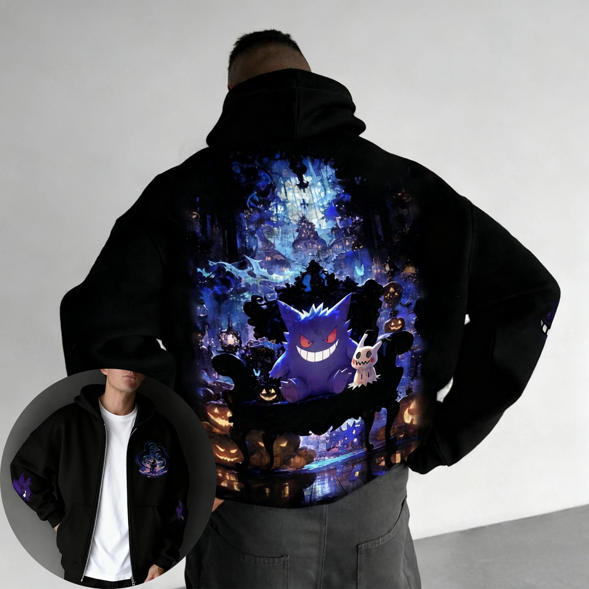 

Фирменная толстовка на молнии с изображением Покемона на Хэллоуин, лето 2029, новинка Gengar, аниме-принт, повседневный свободный свитер в американском стиле хип-хоп, топ