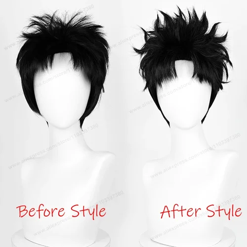Imagen 2 del producto Okarun-Peluca sintética resistente al calor para Cosplay, pelo corto negro de 28cm de Anime para hombre, pelos de fibra de alta temperatura para Halloween
