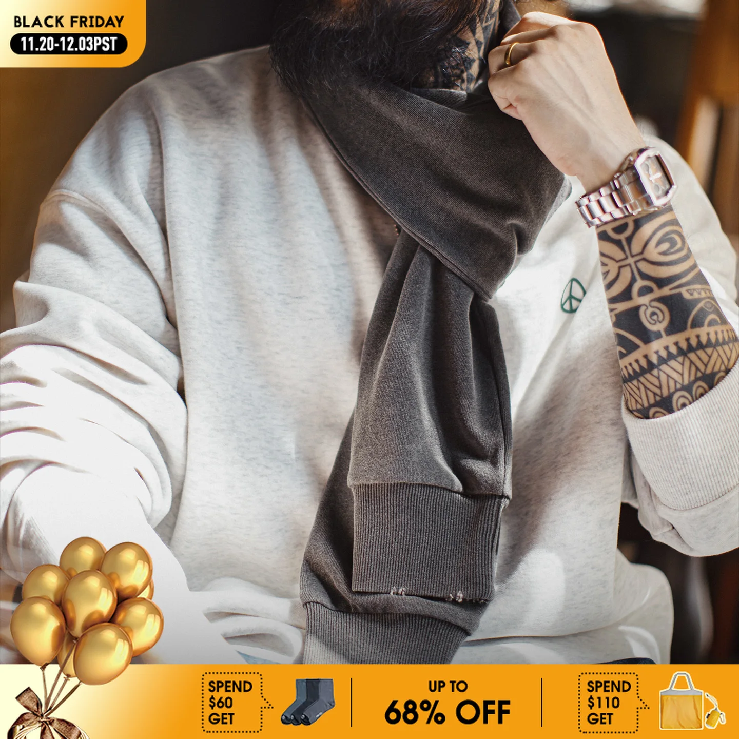 Maden Vintage الرجال هوديي نمط وشاح اثنين في واحد الرقبة أدفأ المرأة غسلها المسنين يندبروف شال لخريف شتاء الشارع الشهير #1