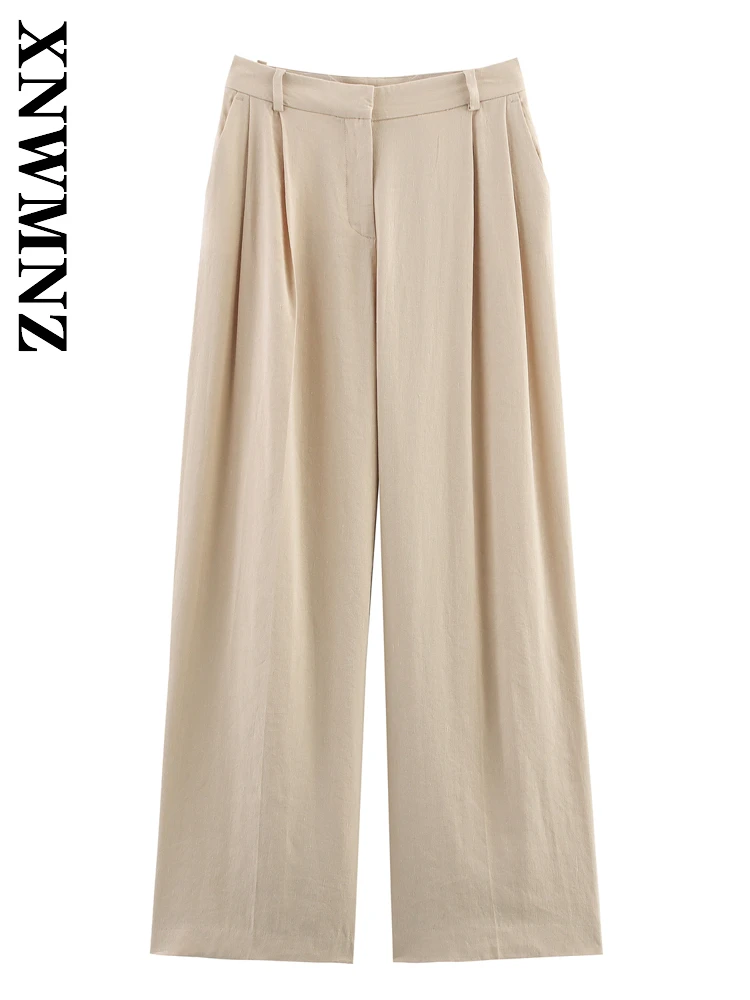 

XNWMNZ 2025 летние женские простые винтажные льняные брюки с рюшами на пуговицах и высокой талией, женские широкие брюки цвета хаки, модные длинные брюки