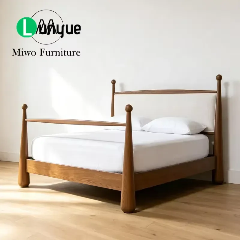 Modern Vintage Double Bed Oak Solid Wood Frame Walnut Upholstered Bed Rack for Hotel Villa Bedroom Furniture Large Size