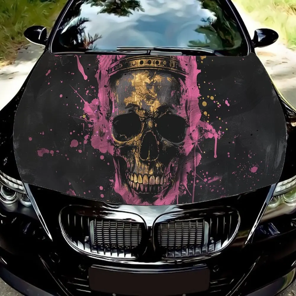 

Pink & Gold Edgy Crown Skull Car Engine Hood Vinyl Wraps Sticker, Auto Exterior Protection, Waterproof Self-adhesive Vehicle Dec