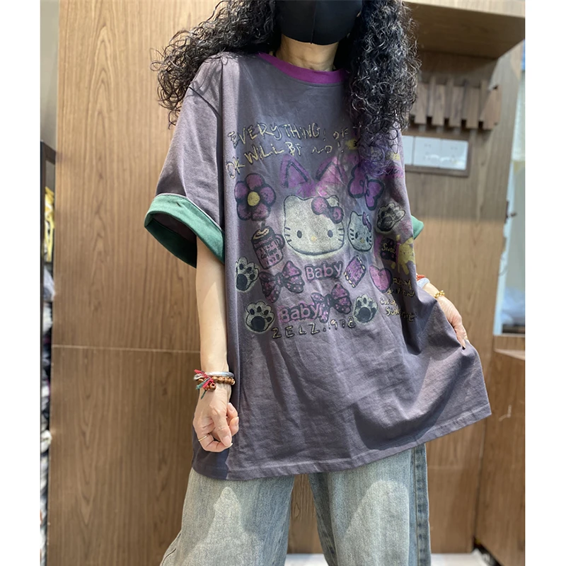 2025 New Arrival Summer Women Loose Casual Good Quality Cotton Short Sleeve Cartoon Print Tops Tees Vintage O-neck T-shirt T435
