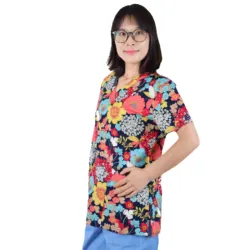 Hennar Women Scrub Top 100% Print Cotton  Uniforms V-Neck Short Sleeve XXS-3XL Hospital Clinical scrubScrubs Top