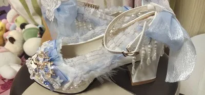 Signore blu perla piuma diamante Lolita tacchi alti tacco quadrato spesso farfalla decorazione della macchina carino Mary Jane Lolita scarpe