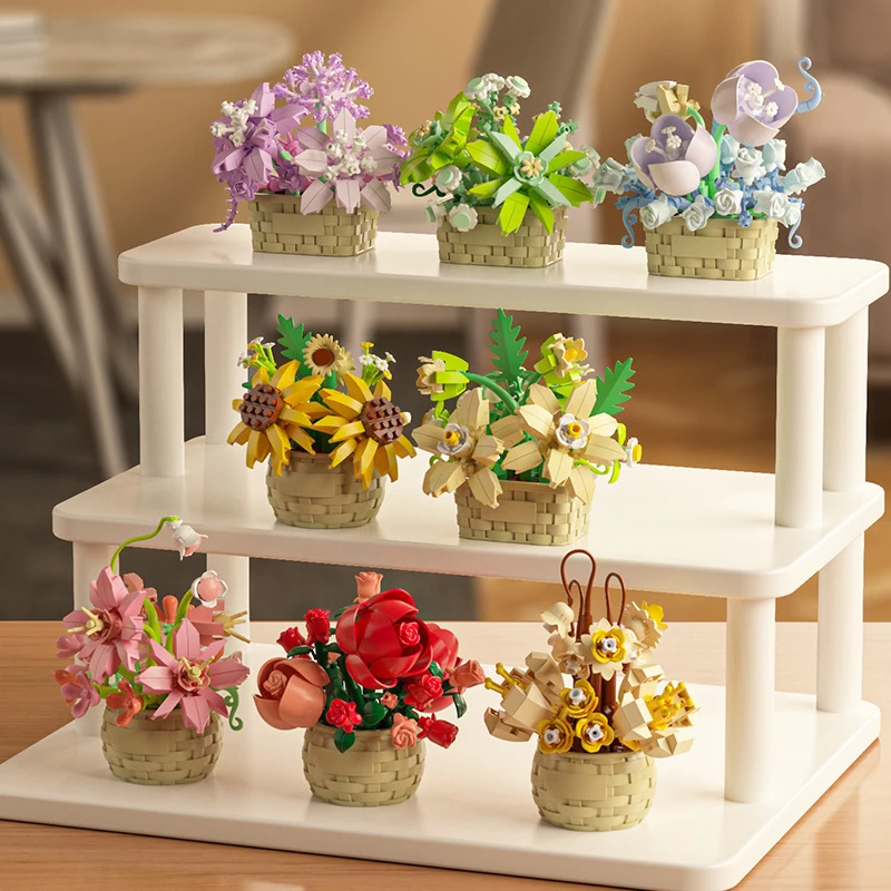 Flower Basket Building Blocks Mini Rose Eternal Flower Tabletop Bonsai Plant Bouquet Model Assembling Brick Kids Toys Girls Gift