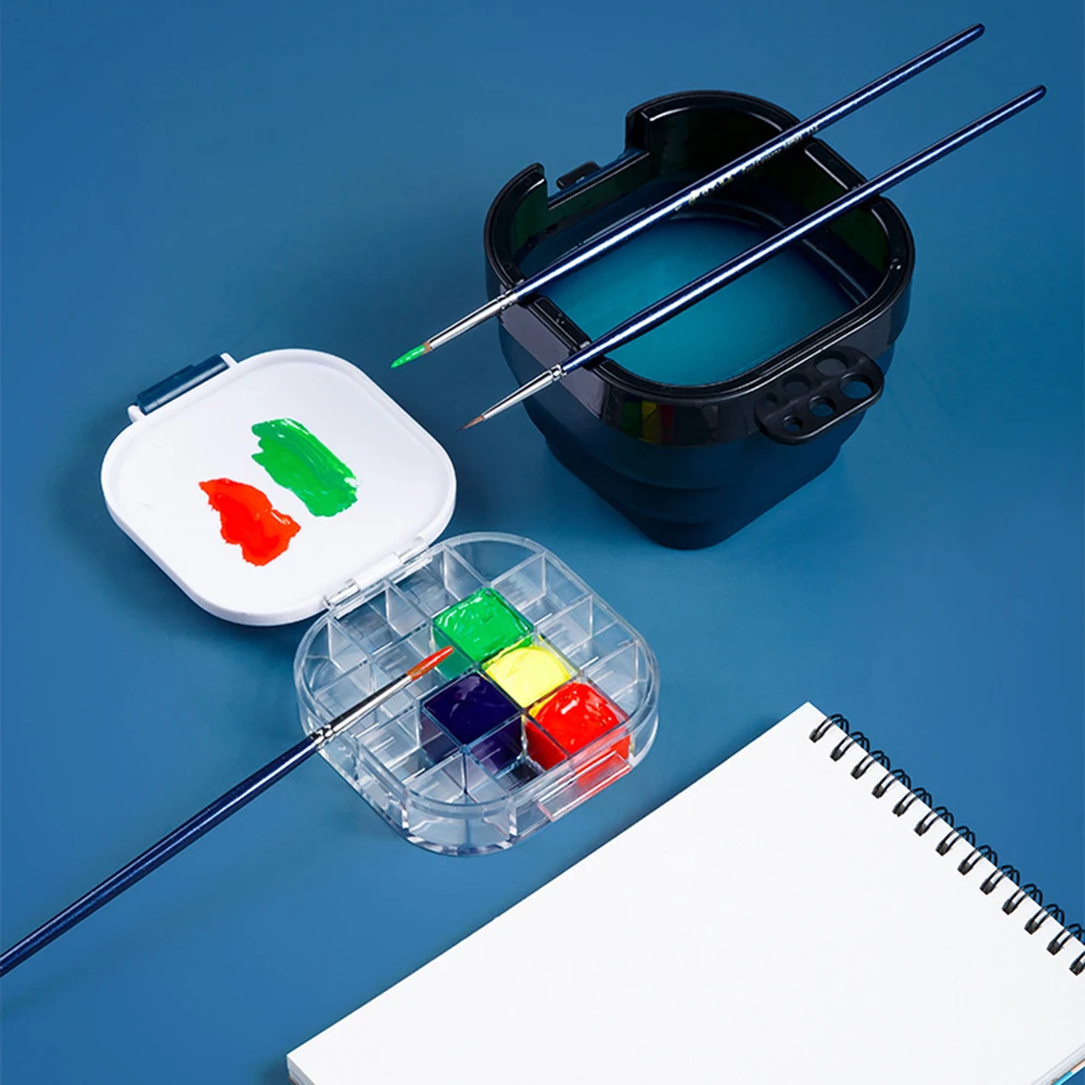 Paleta de colores portátil plegable tres en uno, juego de cubo de bolígrafo, caja de almacenamiento de pintura, suministros de Arte de pintura al óleo de acuarela, 16 tonos