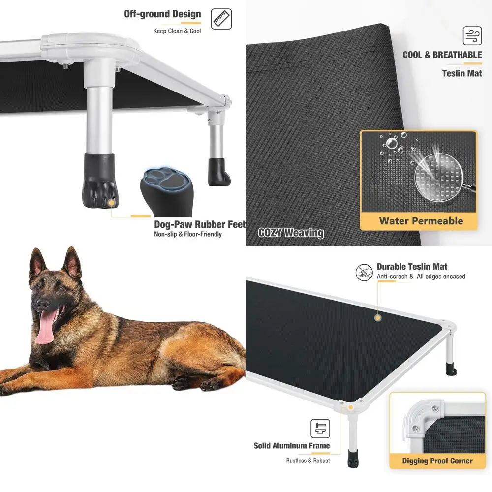 

Охлаждающая приподнятая детская кроватка для собак — прочный алюминий и текстиль, нескользящие ножки, удобные для улицы, черные, 42x31